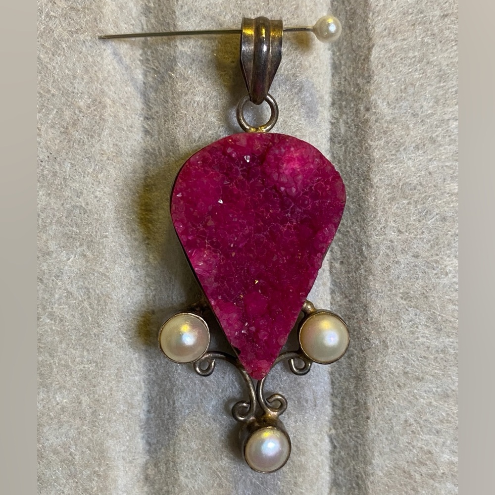 Bali Style 925 Sterling Silver Pink Druzy Cobalto Calcite Pearl Pendant Charm